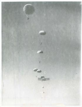 A complete stick of training Indian parachutists having exited a Valencia, New Dehli, 1941