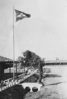 Pte Marple on sentry duty outside 2nd Parachute Brigade Headquarters Palestine c1947?