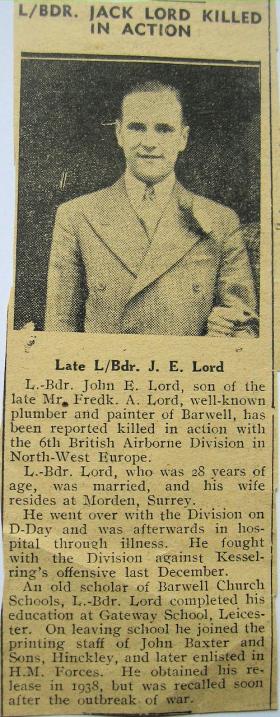 Local press cutting reporting the death of L/Bdr J Lord, 1945