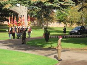 PRA Standard Bearers lead the cortege of Maj Timothy as members of 2 PARA form a Guard of Honour.