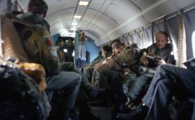 Members of 1 Para Provost Pln RMP (V) onboard an Andover for a parachute drop in Scotland, June 1974.