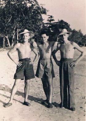  Puddiford, 'Ritterby' Ritterband and  Johnny Johnstone of 7th (LI) Para Bn on a beach in the Far East c1946