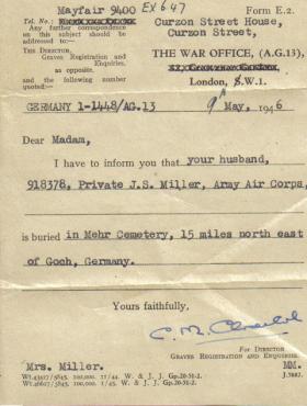Notification of burial site sent to Pte Miller's widow, May 1946