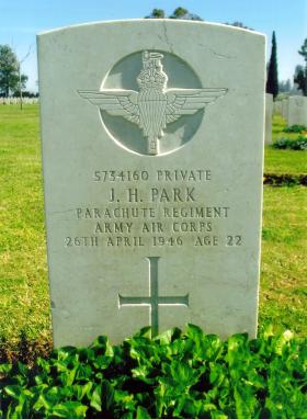 Headstone of Pte John Henry Park, Ramleh War Cemetery.