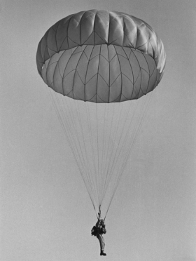 Pte Jeff Schur's frist jump using a T 10 American parachute, 1964