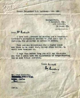 Letter from Brig G W Lathbury to Sgt J Richards' father, regarding a Commander in Chief's Certificate of Gallantry, March 1945.