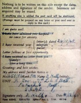 Postcard from Pte Kelly, South East Asian Command, December 1945