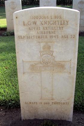 Headstone of L/Bdr Knightley, Enfidaville War Cemetery, Tunisia, 2010.