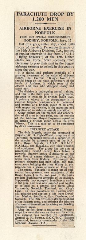 Newspaper article Exercise King's Joker, 1953
