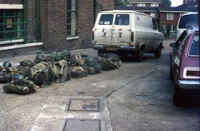 Kit outside Tulse Hill Drill Hall for parachute jump, 1970s.