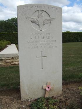 Headstone of L/Cpl AHB Beard, La Delivrande War Cemetery, August 2010.