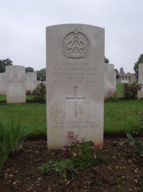 Headstone of L/Cpl ER Harrington, Ranville War Cemetery, May 2013.