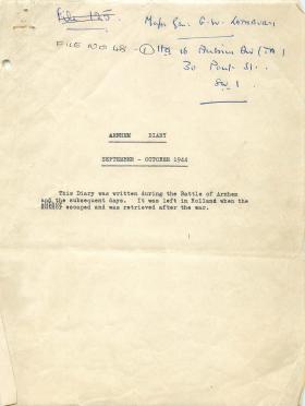 Diary of Arnhem September to October 1944 by General William Lathbury