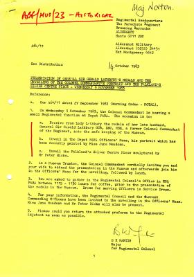  Letter regarding the presentation of Lathbury's medals to the museum, 1983 