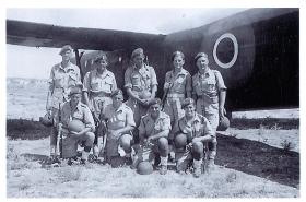 Group photo of men from 210 Airlanding Battery beside a Horsa during Exercise Purdy, Palestine, 1946