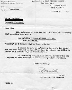 Letter confirming the death of Pte Shingler, 22 January 1945.