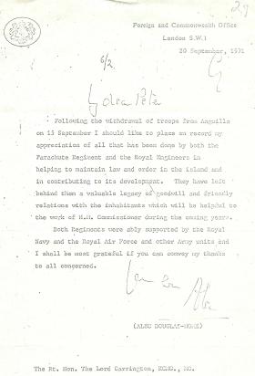 Letter of gratitude to 2 PARA and Royal Engineers from Alec Douglas-Home.