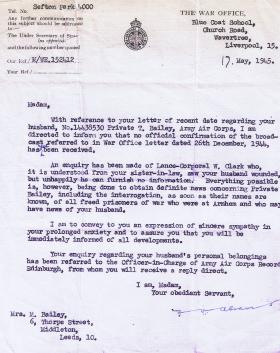 Letter to Mrs Bailey dated 17 May 1945 responding to a letter regarding an enquiry about her husband, Thomas Bailey.