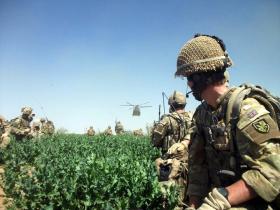 Members C Coy, 3 PARA waiting to be collected by a Chinook, Afghanistan, 2011.
