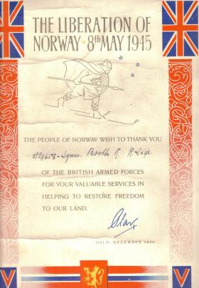 Liberation of Norway certificate awarded to Ronald Booth, December 1945