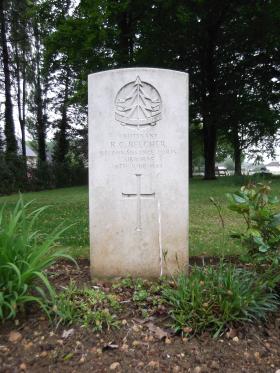 Headstone for Lt RC Belcher, Ranville War Cemetery, May 2013.