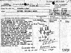 Citation for award of Military Medal to L/Sgt Reg Mayhew, Normandy, 1944.