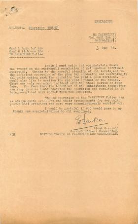 Message of congratulations from GOC to those involved in Op Shark, dated August 3rd 1946.