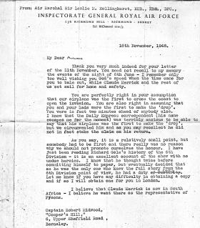 Letter From Air Marshal Leslie Hollinghurst to Captain Bob Midwood, 16 November 1948.