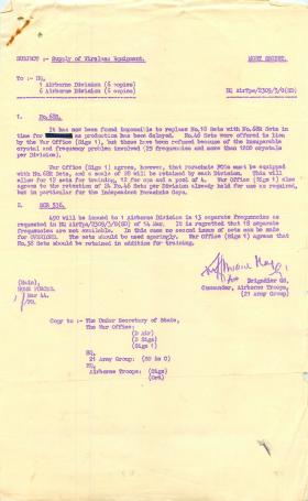 Letter about supply of wireless equipment for Operation Overlord.