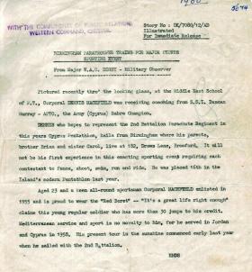 Military Observer Maj Digby's report on Cpl Macefield, Cyprus, 1961.