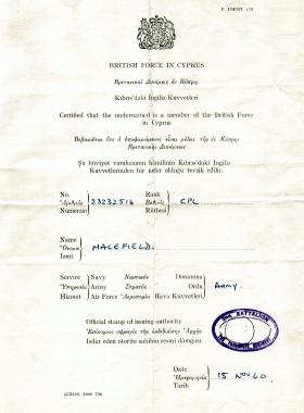 British Force in Cyprus identity certificate belong to Cpl Macefield, 1960.