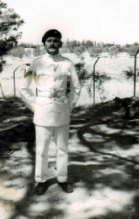 Cpl Macefield in his No.3 Warm Weather Ceremonial Uniform (Whites), 2 PARA, Cyprus, c1960.
