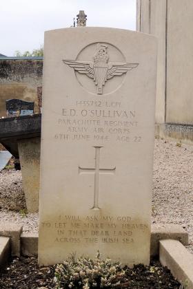 Grave of L/Cpl ED O'Sullivan grave at Touffreville Churchyard, Caen, undated.