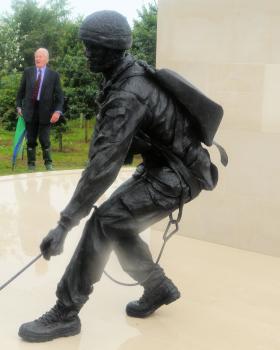 Close up of the national memorial at the NMA with Lt Gen Sir Hew Pike looking on, 13 July 2012.