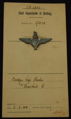 Patent Card for The Parachute Regiment's plastic Cap Badge, 1944.
