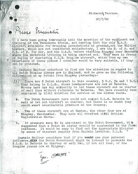 Letter from General Ismay to Churchill about equipment and training of parachute troops.