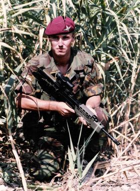 Para with an early issue SA80 rifle, c1985.