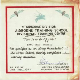 6th Airborne Division parachute qualification certificate Aqir Palestine 1947