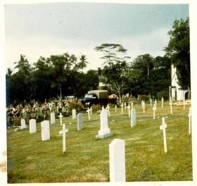 The cortège for Sgt McNeilly's reinterrment arriving at Kranji Military Cemetery, 1975. 