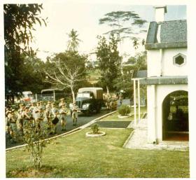 The burial party arriving for Sgt McNeilly's reinterrment at Kranji Military Cemetery, Singapore, 1965.