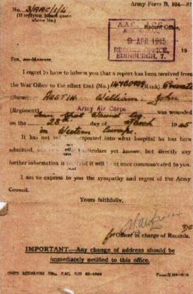 Letter notifying Pte Austin's parents that he had been wounded in action.