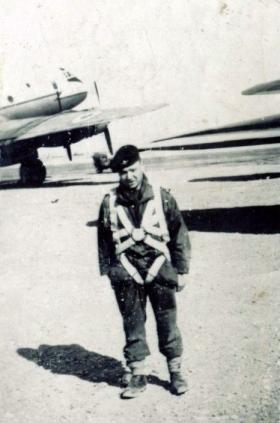 Pte Woods ready to emplane at Shalufa Egypt, c1953.