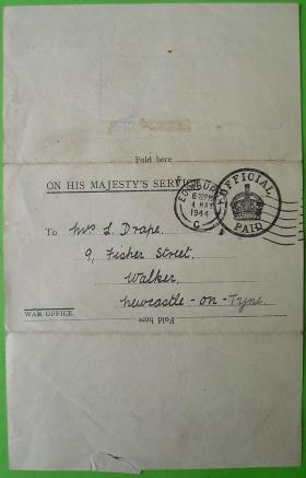 Official correspondence notifying Mrs Lily Drape of her husband's PoW Camp, 5 May 1944.