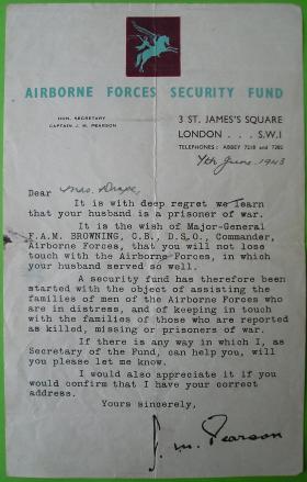 Correspondence from Airborne Security Fund to Mrs Lily Drape 1943