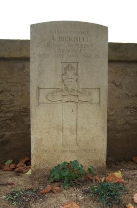 Headstone of Gnr A Bicknell, Ranville Churchyard, taken August 2010.