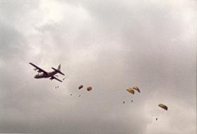 Members of 10 PARA drop onto Hankley Common, Airborne Forces Day 1985.