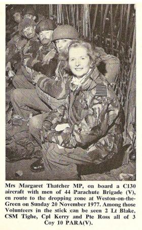 The Right Hon Margaret Thatcher MP onboard a C130 to watch 3 Coy 10 PARA jump Nov 1977