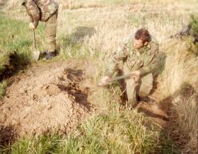  Sgt Keddie leading the way digging in, 10 PARA Annual Camp Denmark, 1981.