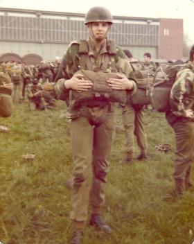 Pte Mark Ross waiting to emplane, German Para Course, 1978.