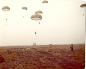 Members of 10 PARA dropping onto Diepholz DZ, German Para Course, 1978.